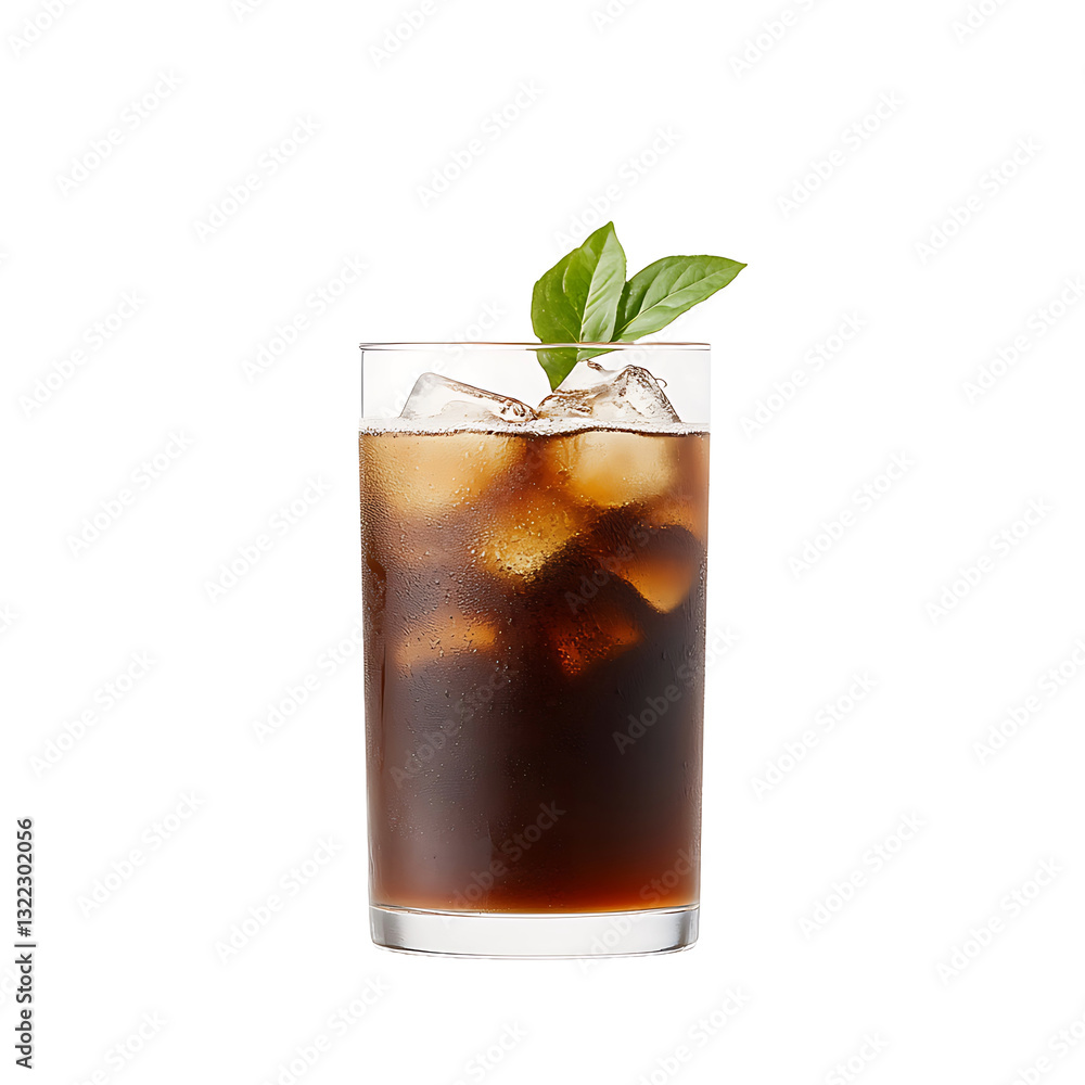 Refreshing iced beverage with basil garnish. Chilled dark drink in a glass, topped with ice and fresh basil leaves, creating an appealing aesthetic. Refreshing iced beverage with basil garnish. Chilled dark drink in a glass, topped with ice and fresh basil leaves, creating an appealing aesthetic.