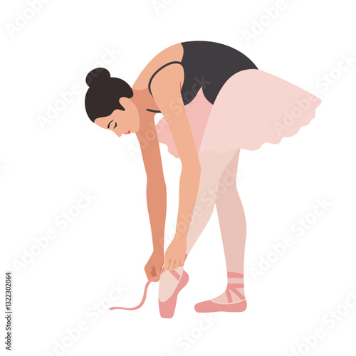 Ballerina tying her pointe shoes in minimal flat vector art