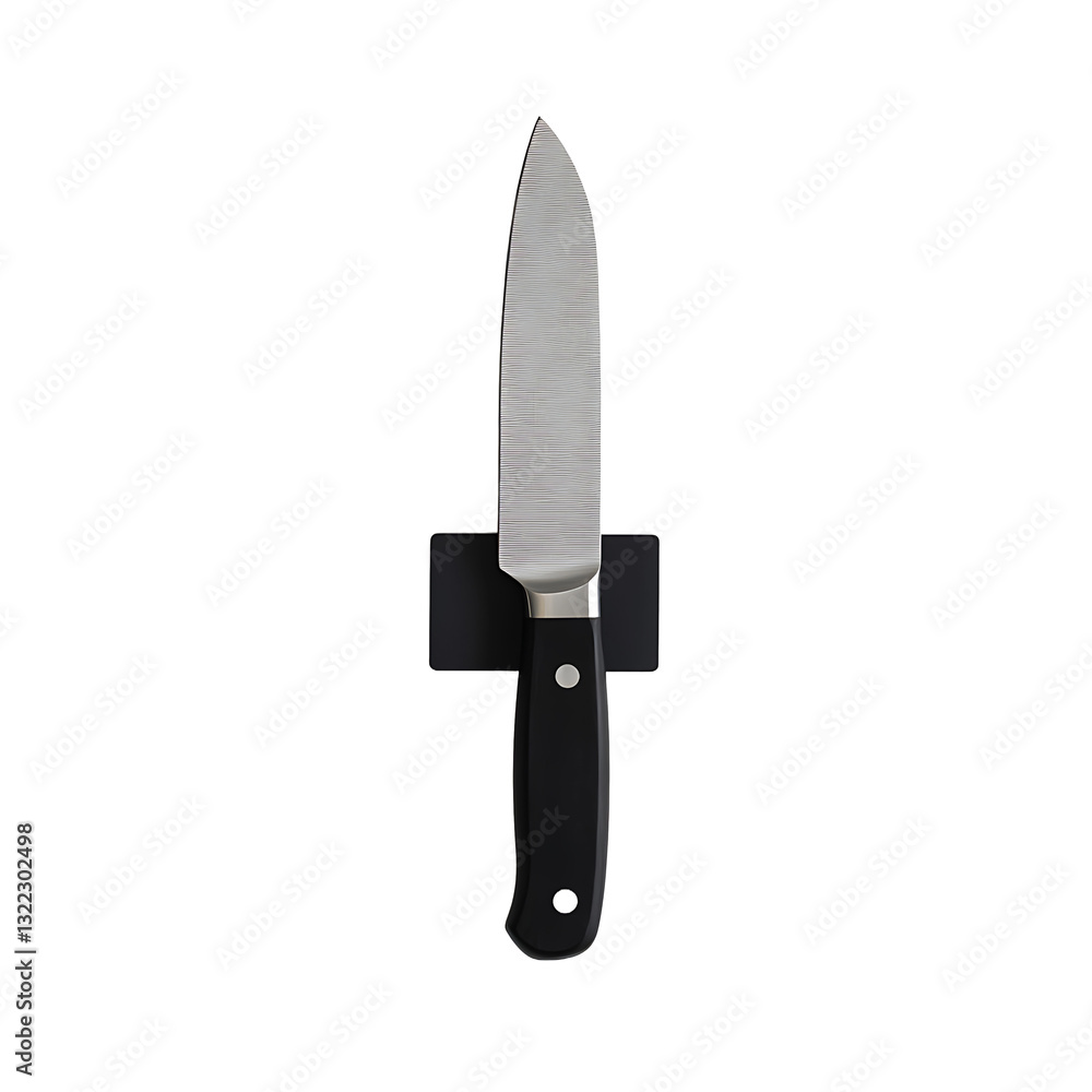 A kitchen knife is suspended vertically in a modern black magnetic holder, showcasing simplicity and functionality. Clean lines define its elegant design. A kitchen knife is suspended vertically in a modern black magnetic holder, showcasing simplicity and functionality. Clean lines define its elegant design.