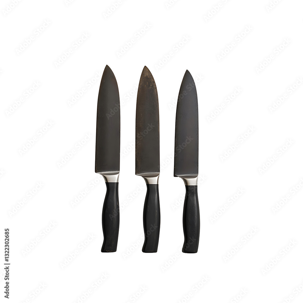 Three kitchen knives are arranged side by side against a stark black backdrop. One knife is notably more worn than the others, showing signs of use and age. Three kitchen knives are arranged side by side against a stark black backdrop. One knife is notably more worn than the others, showing signs of use and age.