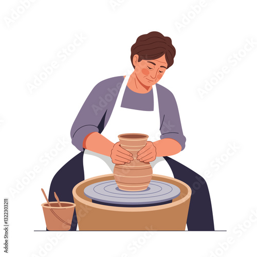Potter shaping clay on a wheel in flat vector art style illustration