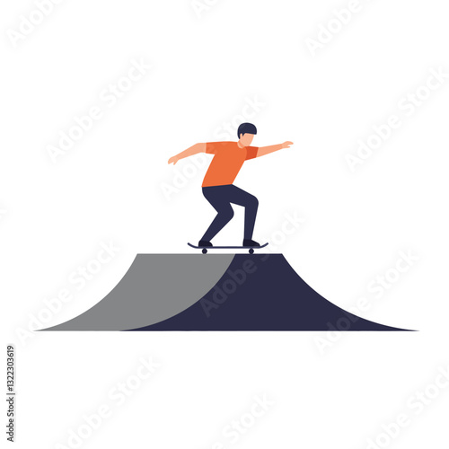 Skater performing tricks on a ramp in minimal flat vector art