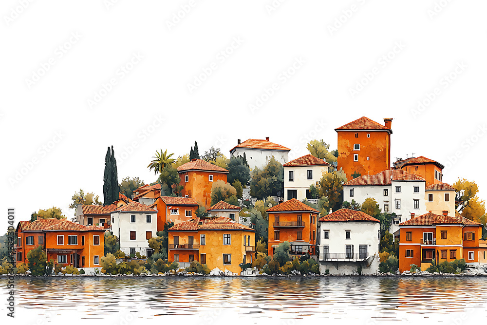 Fototapeta premium Watercolor style painting of European village houses on a hill reflecting in water.