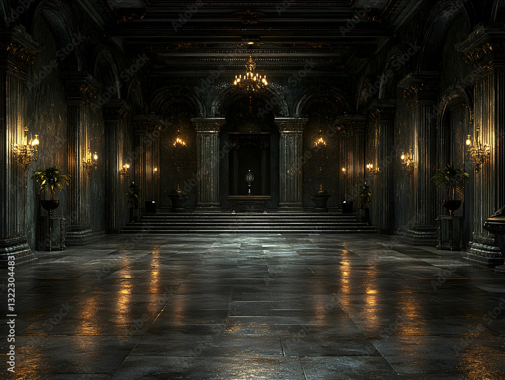 Majestic dark hall with ornate columns and a grand altar