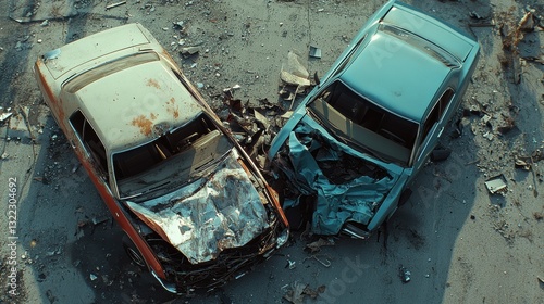 Wallpaper Mural A silver and a blue car, locked in a collision, lie side by side on the asphalt, their mangled bodies a testament to the impact of fate. Torontodigital.ca