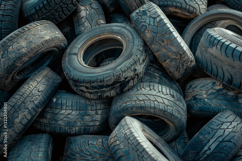 A large collection of used old car tires for recycling purposes stacked together A large collection of used old car tires for recycling purposes stacked together