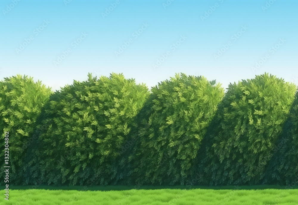 A large hedge in a garden with grass under realistic blue skies A large hedge in a garden with grass under realistic blue skies