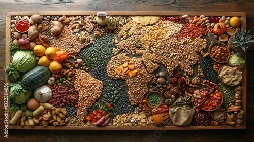 A visual interpretation of food from multiple cultures spread across a world map representing the diversity of global cuisine photo