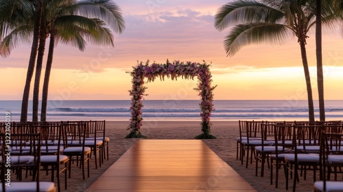 Romantic beach wedding setup at sunset with floral arch and empty chairs by the ocean