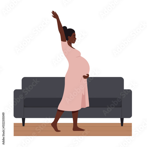 Pregnant woman stretching beside a couch in minimal style vector art