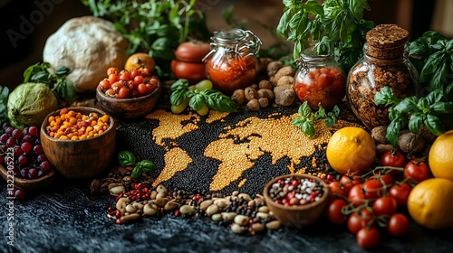 Fototapeta Naklejka Na Ścianę i Meble -  A creative representation of world food cultures displayed on a map with food from various regions symbolizing global gastronomy