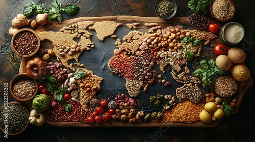 Fototapeta Naklejka Na Ścianę i Meble -  A creative representation of world food cultures displayed on a map with food from various regions symbolizing global gastronomy