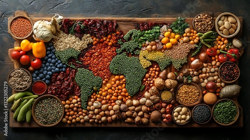 Fototapeta Naklejka Na Ścianę i Meble -  A creative representation of world food cultures displayed on a map with food from various regions symbolizing global gastronomy
