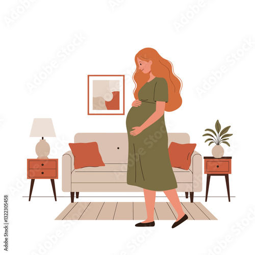 Pregnant woman walking in a cozy living room with minimal design vector art