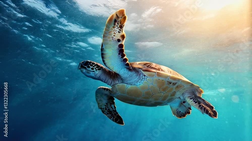 A serene green sea turtle glides gracefully through the clear blue waters, illuminated by sunlight filtering from above.