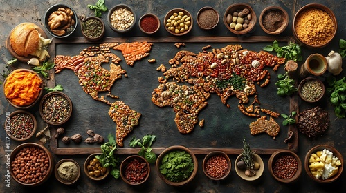Fototapeta Naklejka Na Ścianę i Meble -  An illustration of diverse foods from around the world arranged on a map showcasing global culinary heritage and culture