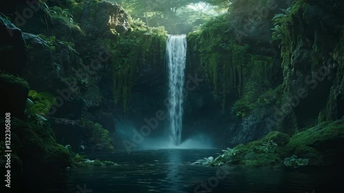 A stunning waterfall cascades down lush green cliffs in a tranquil forest setting.