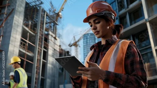 A focused young Hispanic woman in a safety vest and hard hat, surveying a construction site with a tablet.