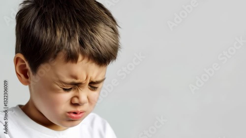 A young Caucasian boy looks distressed as he sneezes into a tissue, showcasing the struggles of seasonal allergies.