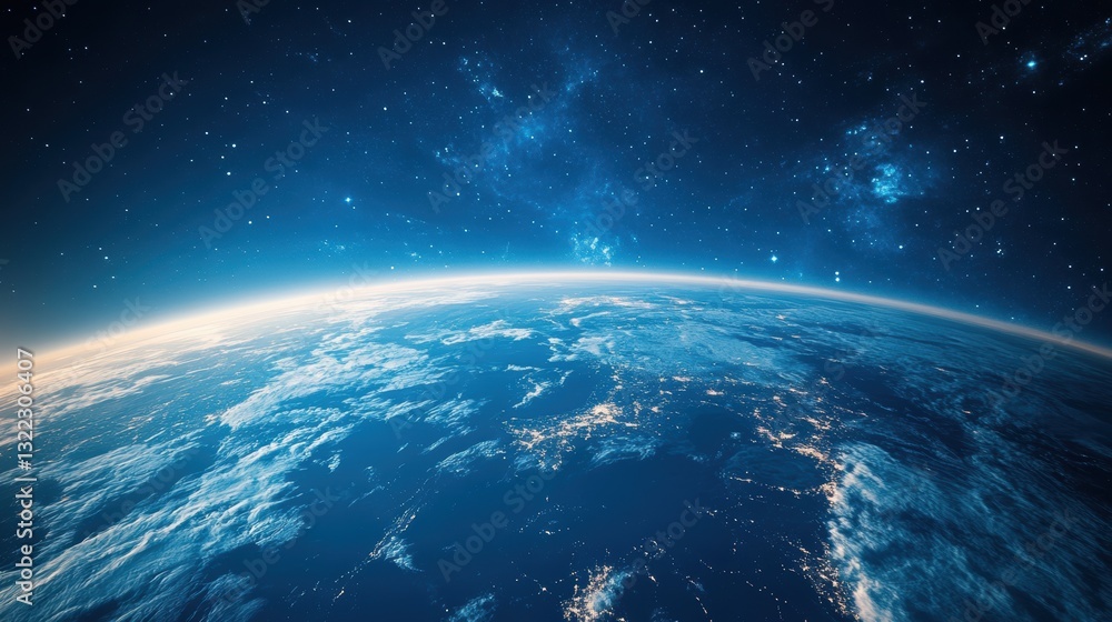 Obraz premium A vibrant blue sphere, Earth, with a smattering of fluffy white clouds dotting its azure canvas, showcasing the majestic European continent in its breathtaking splendor.