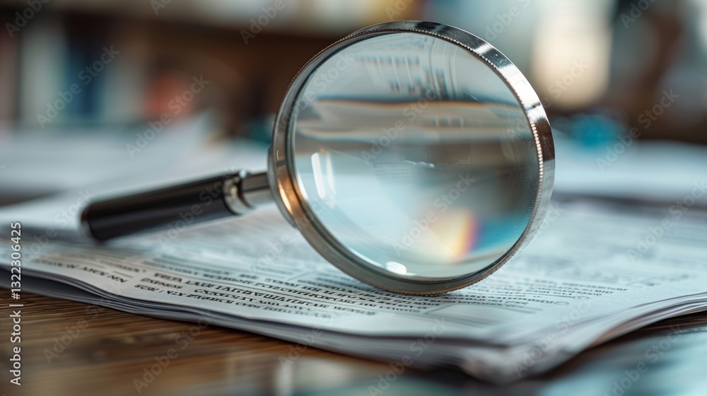 Fototapeta premium A Magnifying Glass on Top of a Newspaper on a Wooden Table