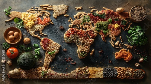Fototapeta Naklejka Na Ścianę i Meble -  A food-inspired world map with culinary dishes from various countries representing global gastronomy and culture