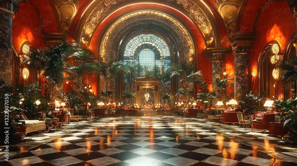Obraz premium Luxurious grand hall with checkered floor, red walls, and tropical plants.