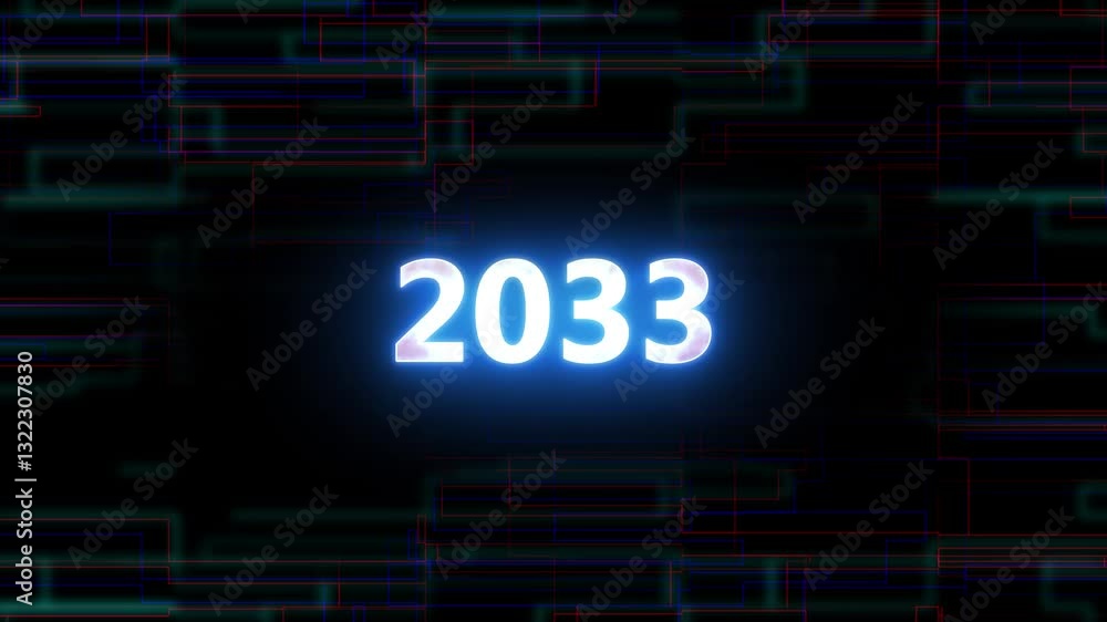 2033 glowing year text animation on technology background . 2033 glowing year text animation on technology background .