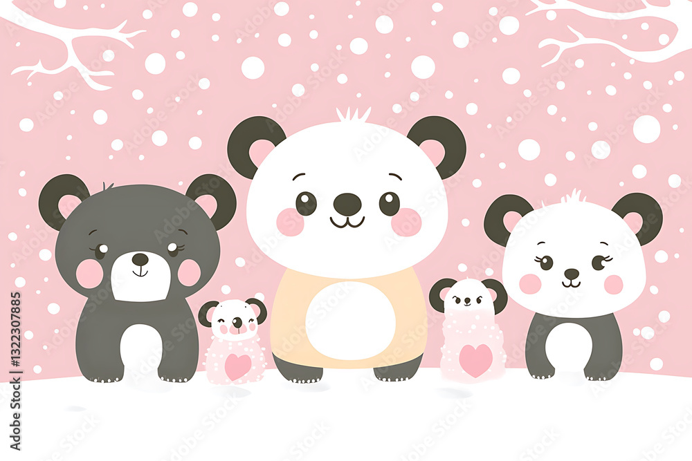 Naklejka premium Cartoon bears stand together in a gentle snowy landscape with soft pink and white colors.