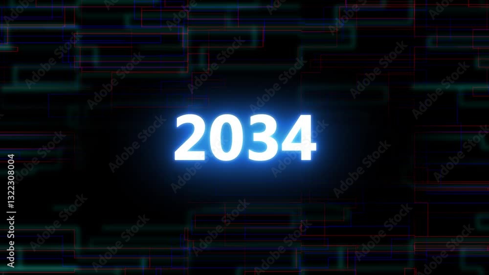 2034 glowing year text animation on technology background . 2034 glowing year text animation on technology background .