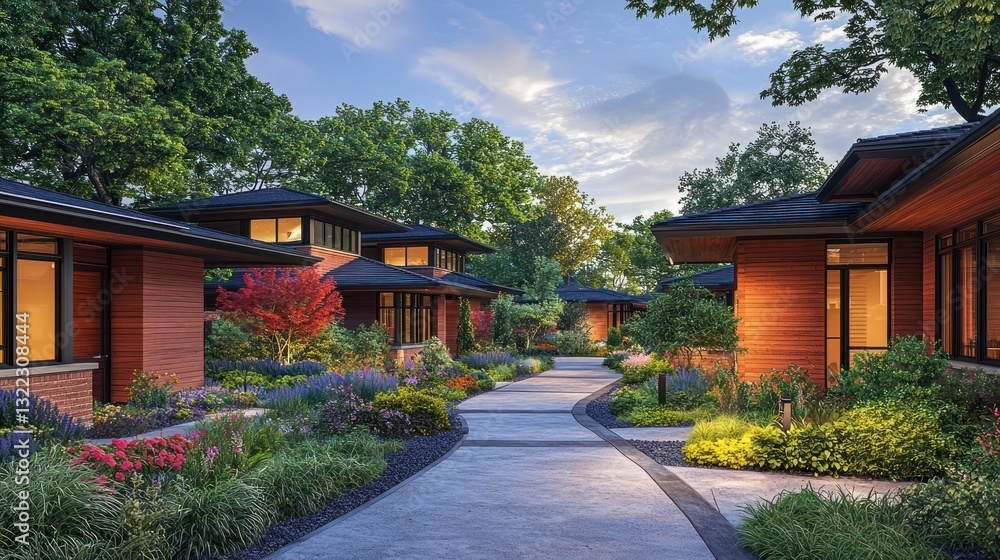 Modern homes with landscaped gardens under a bright sky and leafy trees Modern homes with landscaped gardens under a bright sky and leafy trees