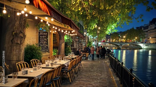 Riverside dining in Paris at night with outdoor seating and glowing lanterns, Evening Riverside Dining in Paris