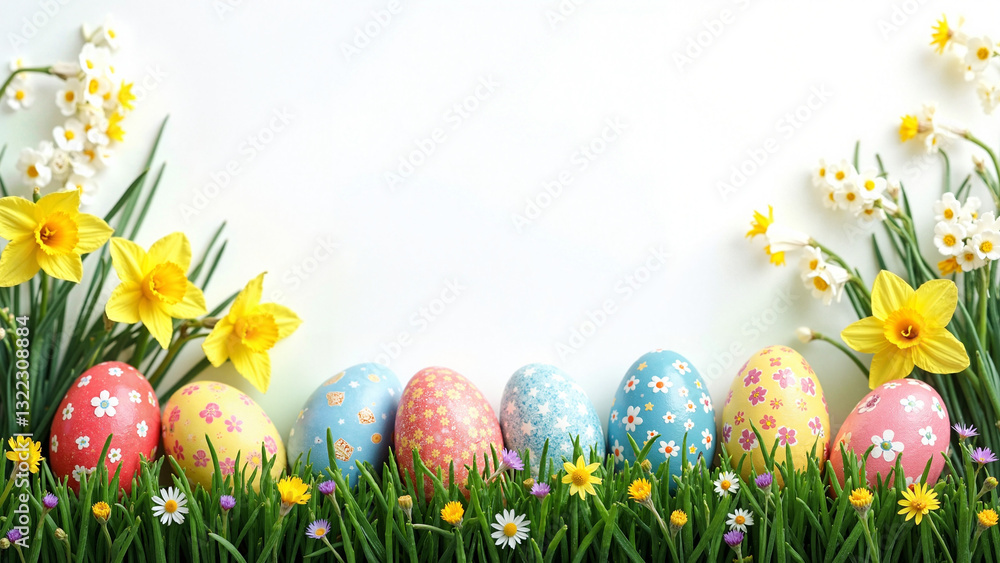 Vibrant Easter Background with Daffodils and Colorful Spring Flowers for Seasonal Marketing and Celebratory Promotions Vibrant Easter Background with Daffodils and Colorful Spring Flowers for Seasonal Marketing and Celebratory Promotions