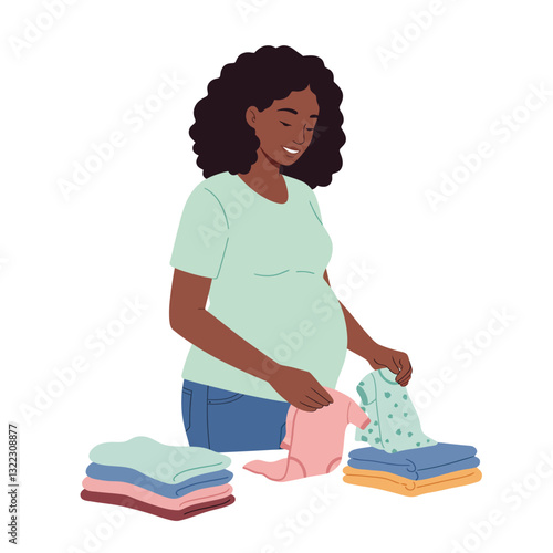 Pregnant woman folding baby clothes in flat, minimal style vector illustration