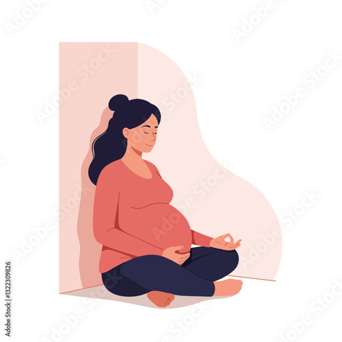 Pregnant woman practicing meditation in serene flat vector illustration
