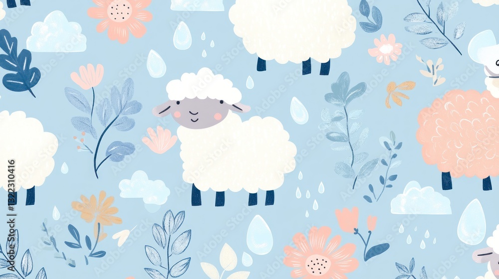 Cute sheep and flowers pattern on a light blue background Cute sheep and flowers pattern on a light blue background