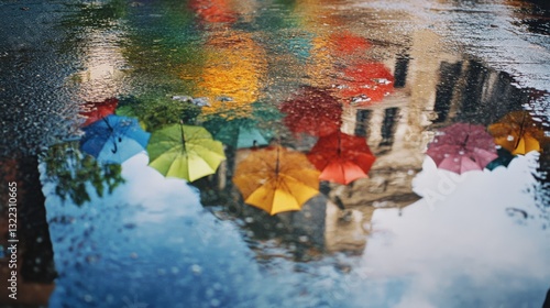 Reflective umbrellas splash color upon a wet pavement, creating vibrant patterns amid urban reflections and shimmering water.