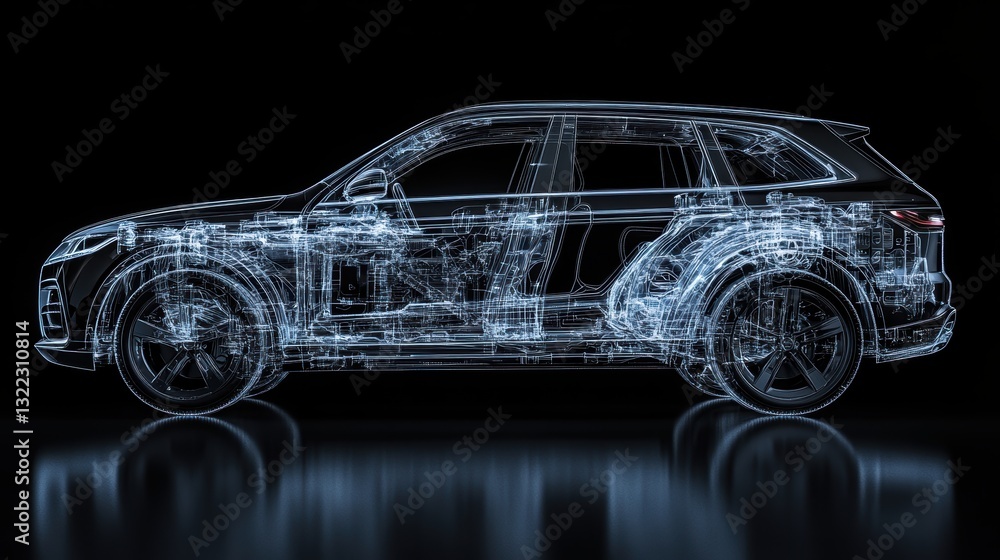 Naklejka premium A sleek, black SUV car, its chassis meticulously exposed, stands revealed through a translucent x-ray effect, revealing its intricate inner workings, a testament to engineering ingenuity and