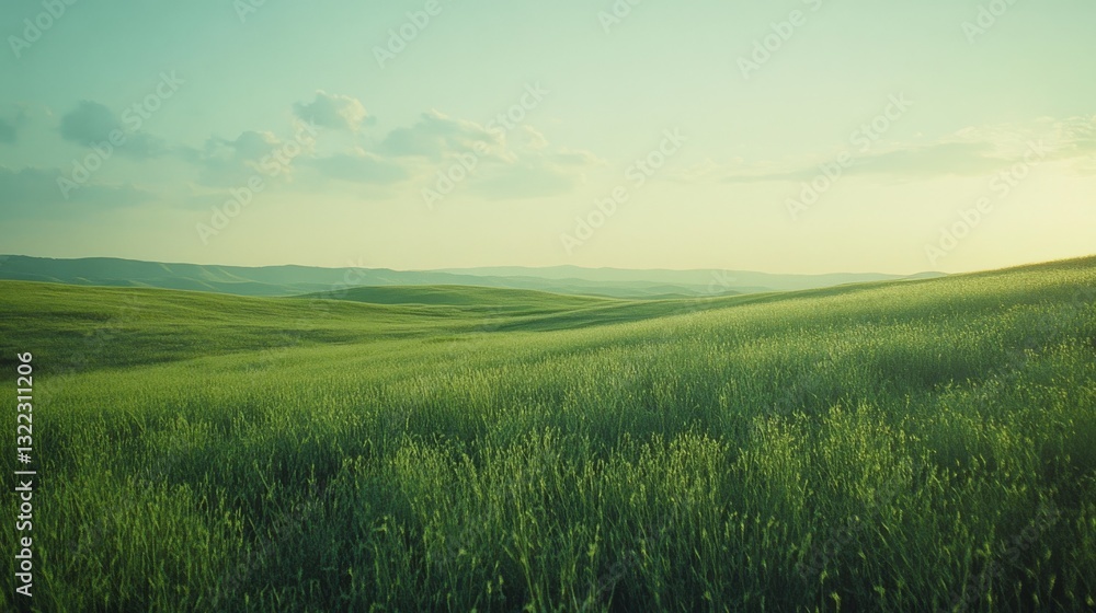 Fototapeta premium Endless green fields under a pale blue sky create a lush, sweeping landscape, embodying the vast beauty and tranquility of nature.