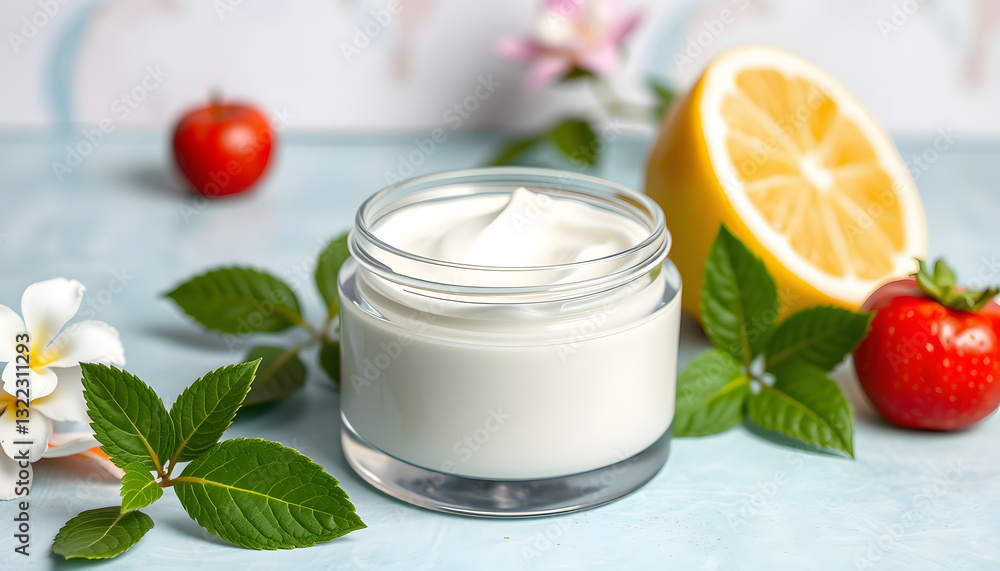 Container for cream on a background with fresh, magazine photoshoot. White tone Container for cream on a background with fresh, magazine photoshoot. White tone