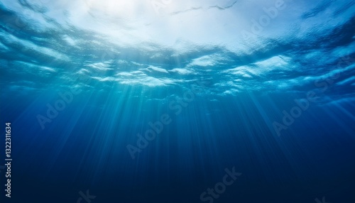  Dark blue ocean surface seen from underwater. Illustration of sun light rays under water