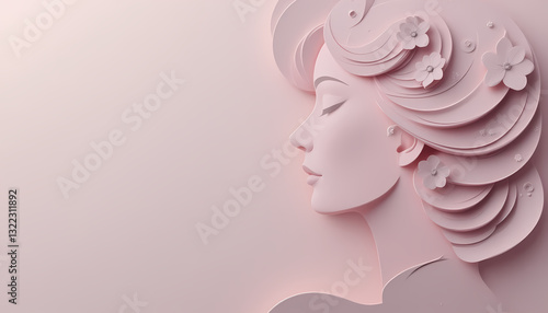 A captivating profile view of a woman, sculpted in a soft, pastel pink tone, with intricate floral embellishments adorning her hair.