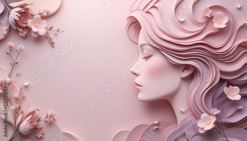 This image features a woman's profile, sculpted in a delicate, paper-cut style, with soft, flowing hair and a serene expression.