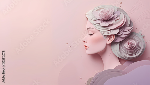 A stylized portrait of a woman, her profile presented against a soft, pastel pink backdrop.