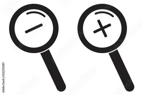 Magnifying glass simple icon collection. Search icon set, zoom in and zoom out icons. Magnifier or loupe with check mark sign. Vector illustration.