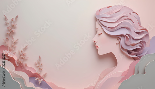 A captivating profile of a woman with flowing papercut hair, set against a backdrop of soft, pastel colors and layered papercut floral elements.
