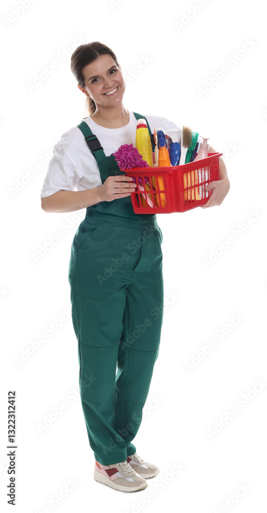 Smiling cleaning service worker with supplies on white background Smiling cleaning service worker with supplies on white background