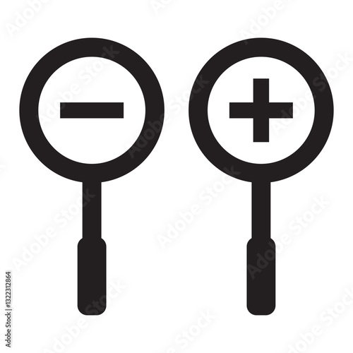 Magnifying glass simple icon collection. Search icon set, zoom in and zoom out icons. Magnifier or loupe with check mark sign. Vector illustration.