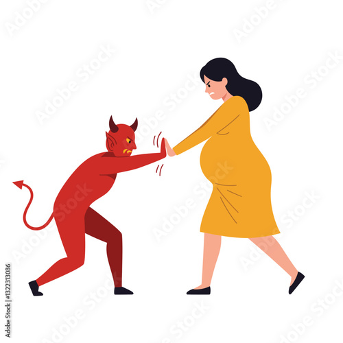 Pregnant woman resisting red devil character in flat vector illustration