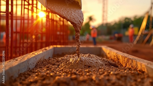 Concrete Pouring: A close-up shot captures the process of pouring concrete, highlighting the textures and the golden hues of the sunset in a construction setting.